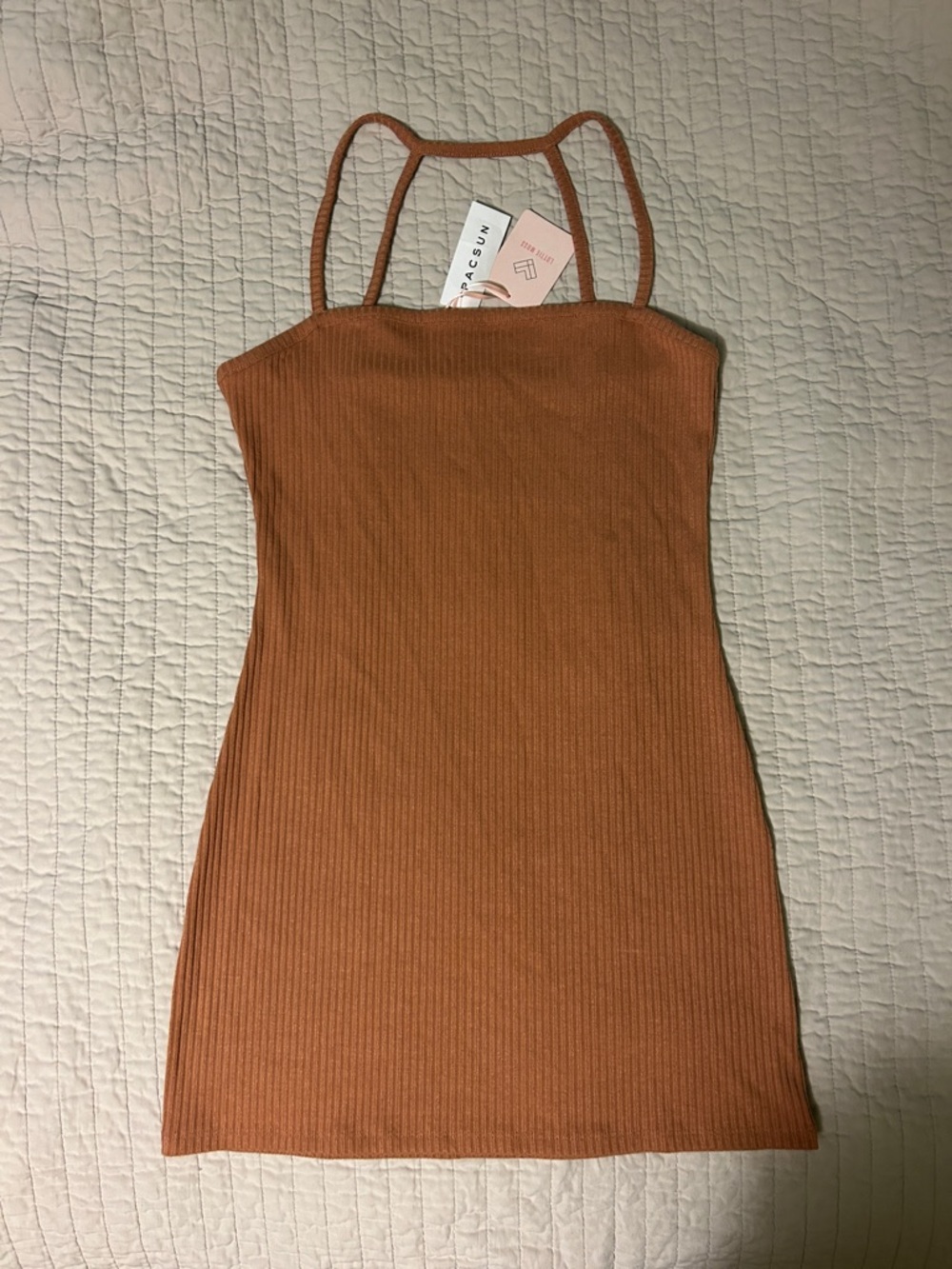 Lottie Moss Pacsun Ribbed Square-Neck Mini Dress in Rust - Small